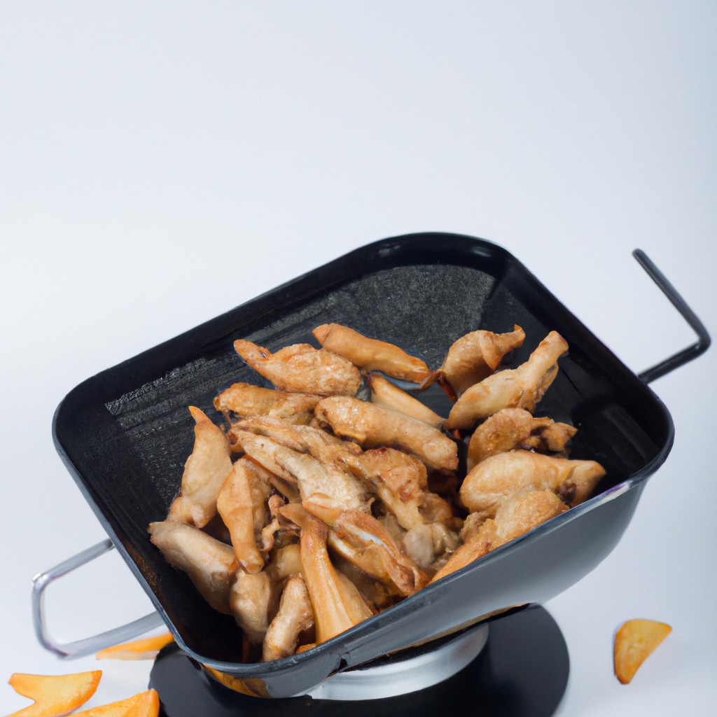 Imagem de uma airfryer cheia de tiras de carne seca frita e crocante, com um fundo desfocado de uma cozinha. As tiras são de cor marrom-dourada e têm uma textura crocante, com algumas ervas e especiarias polvilhadas por cima.