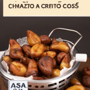 Uma foto de uma tigela de castanhas portuguesas assadas na Airfryer. As castanhas estão douradas e têm uma casca levemente rachada. Elas estão dispostas em uma tigela de cerâmica branca com uma borda azul. Ao fundo, há uma parede de tijolos brancos e uma janela com cortinas azuis.