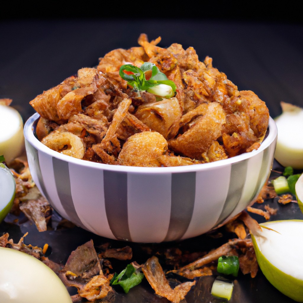 Cebolinhas crocantes e caramelizadas preparadas na airfryer. As cebolinhas são cobertas com uma camada crocante de caramelo, resultando em um lanche doce e salgado irresistível.