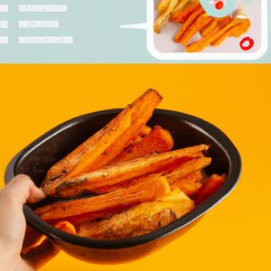 Cenouras crocantes e caramelizadas grelhadas na Airfryer, organizadas em um prato branco. As cenouras têm bordas douradas e são cobertas com alecrim fresco picado.