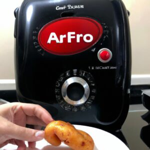 Imagem mostrando uma airfryer branca e cinza com uma cesta removível. A airfryer está sobre uma superfície de cozinha branca com utensílios de cozinha e ingredientes ao redor. O texto "Chegou Minha Airfryer, E Agora? / Primeiros Passos!" está escrito na parte superior da imagem.