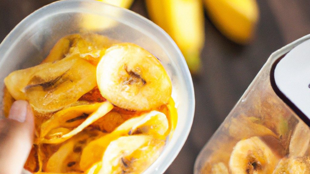 Imagem de chips de banana crocantes e dourados dispostos em uma tigela. As chips são feitas com bananas fatiadas, revestidas com canela e assadas em uma airfryer.