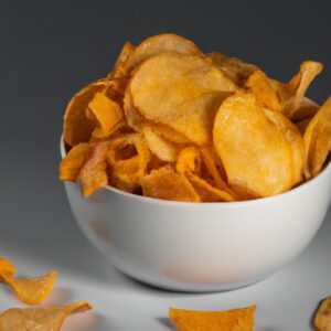 Imagem de chips crocantes e dourados de mandioquinha, também conhecida como batata baroa, preparados na airfryer. Os chips estão dispostos em uma tigela, prontos para serem saboreados.
