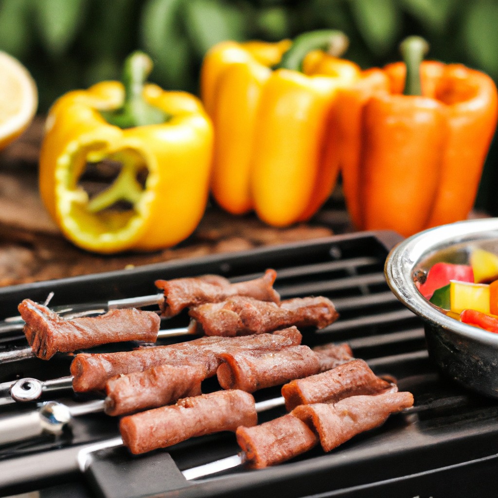Churrasco / Espetinhos Na Airfryer 1 Imagem de uma airfryer cheia de espetos de churrasco, com frango, carne bovina e legumes. Os espetos são dourados e crocantes, e a airfryer está emitindo fumaça.
