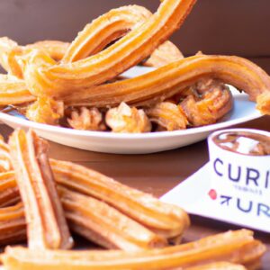 Imagem de churros crocantes e dourados cozidos na Airfryer, dispostos em um prato com uma tigela de açúcar e canela para polvilhar.