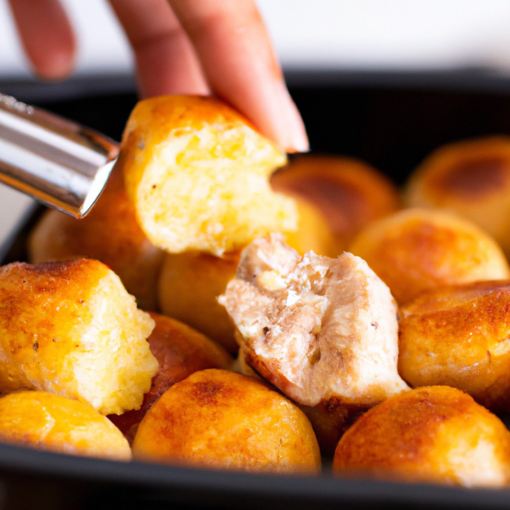 Cocada Assada Na Airfryer 1 Imagem de uma cocada assada dourada em uma airfryer. A cocada é feita com coco ralado, leite condensado e açúcar mascavo e é coberta com uma crosta crocante.