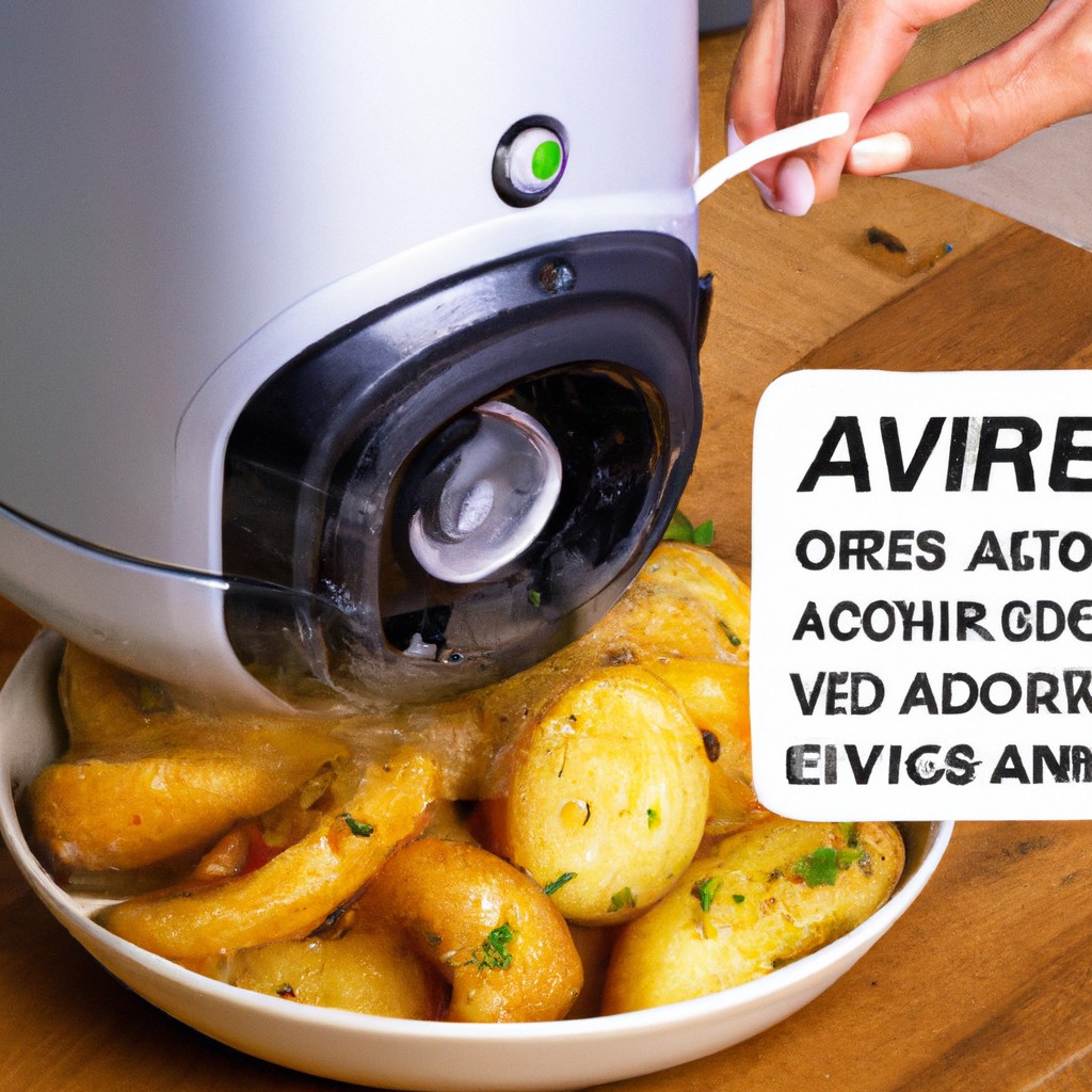 Como Cuidar Do Antiaderente Da Airfryer? 1 Uma mulher sorridente vestida com um avental azul segura uma cesta de Airfryer com revestimento antiaderente. A cesta está limpa e sem arranhões, indicando que foi bem cuidada.