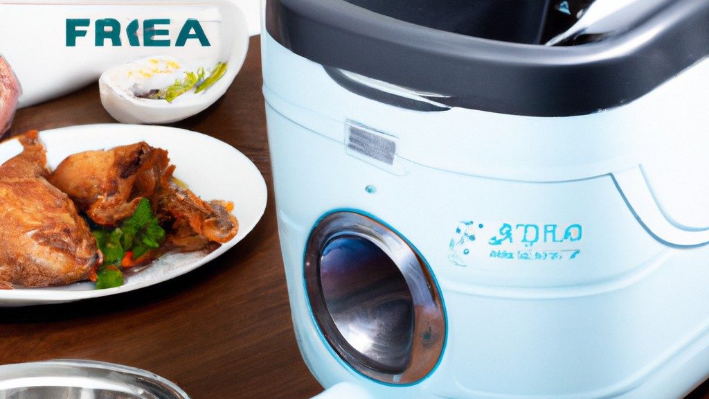 Imagem de uma AirFryer, um aparelho de cozinha usado para cozinhar alimentos com ar quente. A AirFryer é mostrada em uma bancada, com uma cesta de alimentos dentro. O texto na imagem diz 