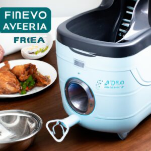 Imagem de uma AirFryer, um aparelho de cozinha usado para cozinhar alimentos com ar quente. A AirFryer é mostrada em uma bancada, com uma cesta de alimentos dentro. O texto na imagem diz "Como Cuidar Da AirFryer Limpeza, Primeiro Uso E Conservação!".