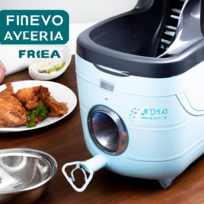 Imagem de uma AirFryer, um aparelho de cozinha usado para cozinhar alimentos com ar quente. A AirFryer é mostrada em uma bancada, com uma cesta de alimentos dentro. O texto na imagem diz "Como Cuidar Da AirFryer Limpeza, Primeiro Uso E Conservação!".