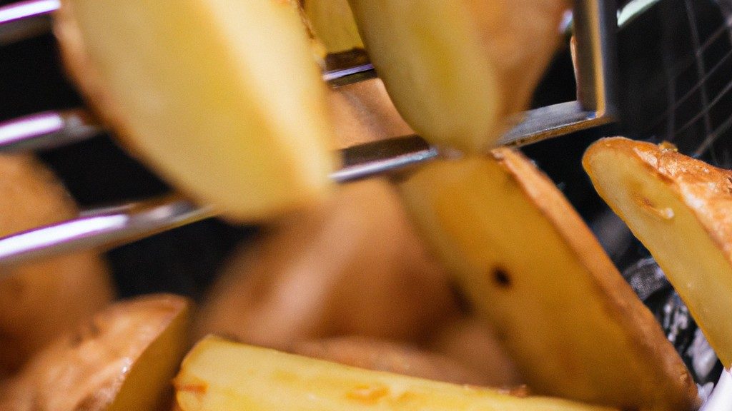 Imagem de batatas rústicas crocantes e douradas em uma cesta da Air Fryer. As batatas estão cobertas com especiarias e ervas, com uma casca crocante e um interior macio e fofo.
