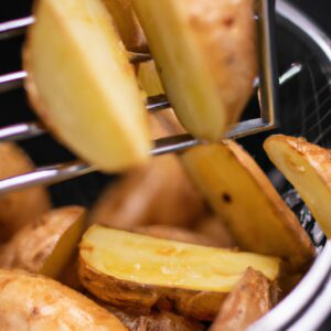 Imagem de batatas rústicas crocantes e douradas em uma cesta da Air Fryer. As batatas estão cobertas com especiarias e ervas, com uma casca crocante e um interior macio e fofo.