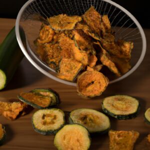 Imagem de chips de abobrinha crocantes e douradas feitas na Airfryer. As fatias de abobrinha são cortadas finamente e empanadas com uma mistura de farinha de rosca, parmesão e temperos. Os chips são cozidos na Airfryer até ficarem crocantes e dourados.
