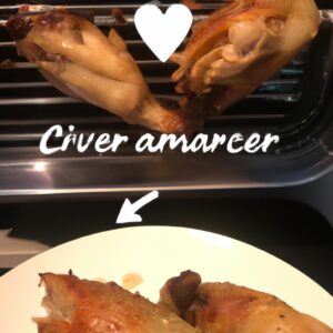 Imagem de corações de galinha dourados e crocantes cozidos na Airfryer, servidos em um prato com um ramo de alecrim como guarnição.