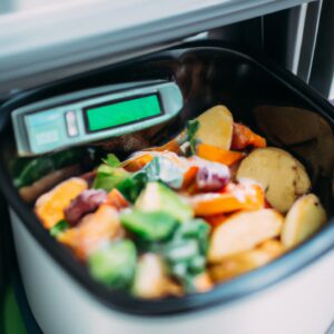 Imagem de legumes congelados sendo preparados em uma fritadeira Airfryer. Os legumes estão espalhados na cesta da fritadeira e são uma variedade de vegetais, incluindo brócolis, cenoura, ervilha e milho. A fritadeira Airfryer é um aparelho de cozinha que usa ar quente para cozinhar alimentos, e é uma maneira saudável e conveniente de preparar legumes.