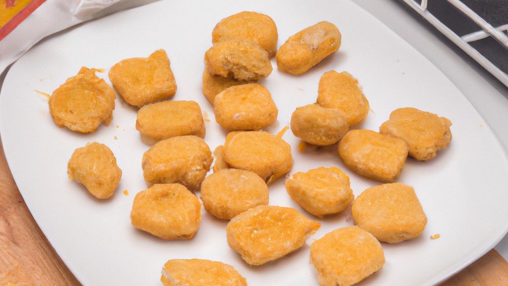 Imagem de nuggets congelados crocantes e dourados cozidos em uma Airfryer. Os nuggets são dispostos em uma cesta de arame da Airfryer e estão cobertos com gotas de óleo. O fundo da imagem é um fundo branco sólido.