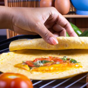 Imagem de um omelete fofo e dourado cozido na Airfryer, servido em um prato com guarnições de ervas frescas e fatias de tomate.