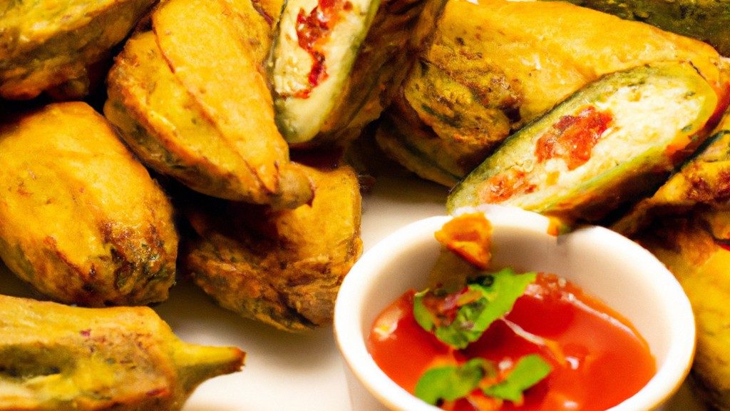 Imagem de quiabos crocantes cozidos em uma Airfryer. Os quiabos são dourados e crocantes, com um exterior crocante e um interior macio. Eles são servidos em uma tigela com um molho de acompanhamento.