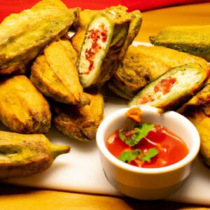 Imagem de quiabos crocantes cozidos em uma Airfryer. Os quiabos são dourados e crocantes, com um exterior crocante e um interior macio. Eles são servidos em uma tigela com um molho de acompanhamento.