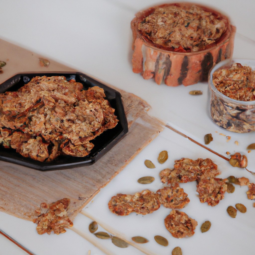 Cookies De Granola Na Airfryer 1 Imagem de cookies de granola caseiros e crocantes feitos na airfryer. Os cookies são dourados e têm aveia, nozes e sementes visíveis. Eles estão dispostos em uma assadeira forrada com papel manteiga.