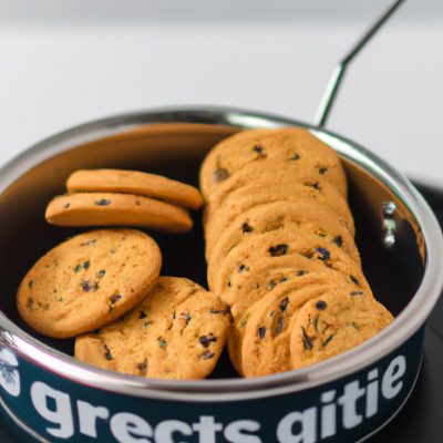 Imagem de uma cesta de fritadeira cheia de cookies recém-assados. Os cookies são dourados e crocantes, com gotas de chocolate derretidas na superfície. A fritadeira está colocada sobre uma bancada de cozinha com uma tábua de corte e uma faca ao lado.