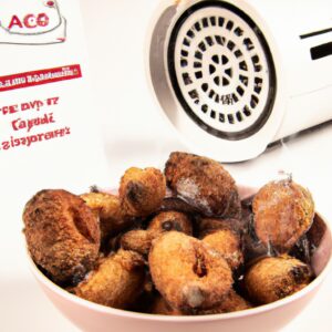 Imagem de bolinhos de coco dourados e crocantes em uma cesta de airfryer. Os bolinhos têm uma textura leve e fofa por dentro e são cobertos com uma crosta crocante de açúcar por fora.