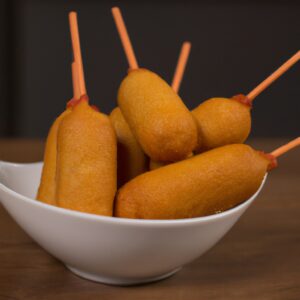Imagem de um corn dog dourado e crocante dentro de uma airfryer. O corn dog está em um espeto de madeira e tem uma massa espessa e crocante. A airfryer é preta e tem uma cesta de arame.