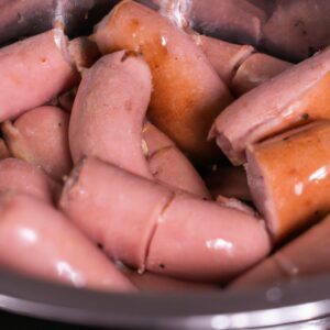 Uma foto de cima de uma cesta de Airfryer cheia de salsichas assadas. As salsichas estão douradas e crocantes, com algumas sementes de papoula polvilhadas por cima. Ao fundo, há uma tábua de cortar de madeira com uma faca e uma tigela de mostarda.
