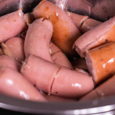 Uma foto de cima de uma cesta de Airfryer cheia de salsichas assadas. As salsichas estão douradas e crocantes, com algumas sementes de papoula polvilhadas por cima. Ao fundo, há uma tábua de cortar de madeira com uma faca e uma tigela de mostarda.