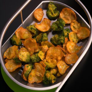 Imagem de couve-flor grelhada na Airfryer. A couve-flor é cortada em floretes e grelhada até ficar macia e dourada. É polvilhada com sal e pimenta e servida num prato.