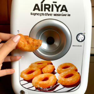 Uma imagem de uma fritadeira Airfryer falsa, com um selo vermelho de "Cuidado!" no canto superior esquerdo. O texto na imagem alerta sobre os perigos de usar uma Airfryer falsa, incluindo risco de incêndio, choques elétricos e queimaduras.