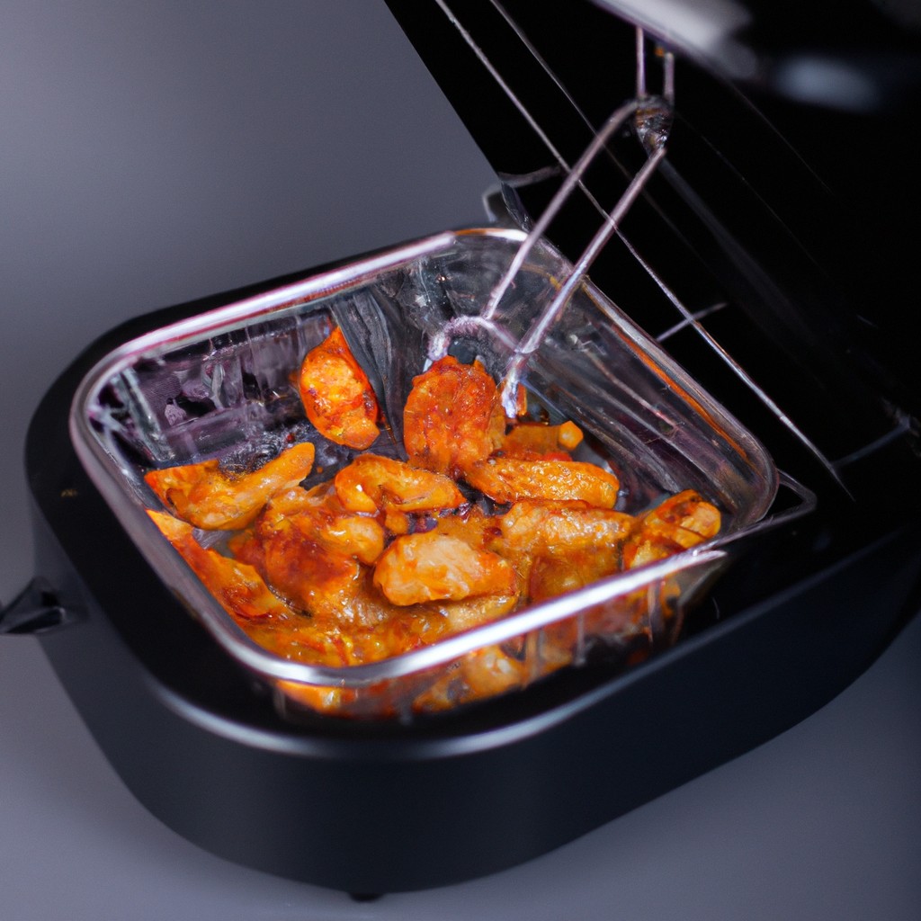 Cupim Na Airfryer 1 Imagem de um cupim crocante e dourado cozido em uma airfryer. Os cupins estão empilhados em um prato, crocantes por fora e suculentos por dentro. A airfryer está ao fundo, com a luz acesa.