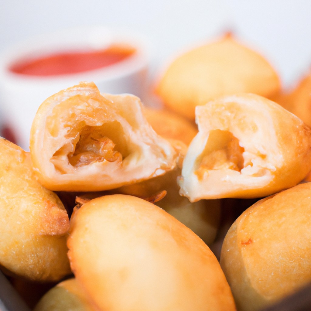 Dicas: Empanados Na Airfryer 1 Imagem de empanados dourados e crocantes preparados na airfryer. A airfryer é um aparelho de cozinha que cozinha alimentos usando ar quente, resultando em alimentos fritos crocantes com menos gordura. Os empanados são revestidos com farinha de rosca e fritos até ficarem dourados e crocantes por fora e macios e suculentos por dentro.