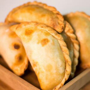 Imagem de empanadas argentinas crocantes e douradas cozidas em uma airfryer. As empanadas são recheadas com carne moída, cebola, pimentão, azeitonas e passas, e cobertas com uma crosta escamosa. Elas são servidas em um prato branco com um molho de chimichurri ao lado.