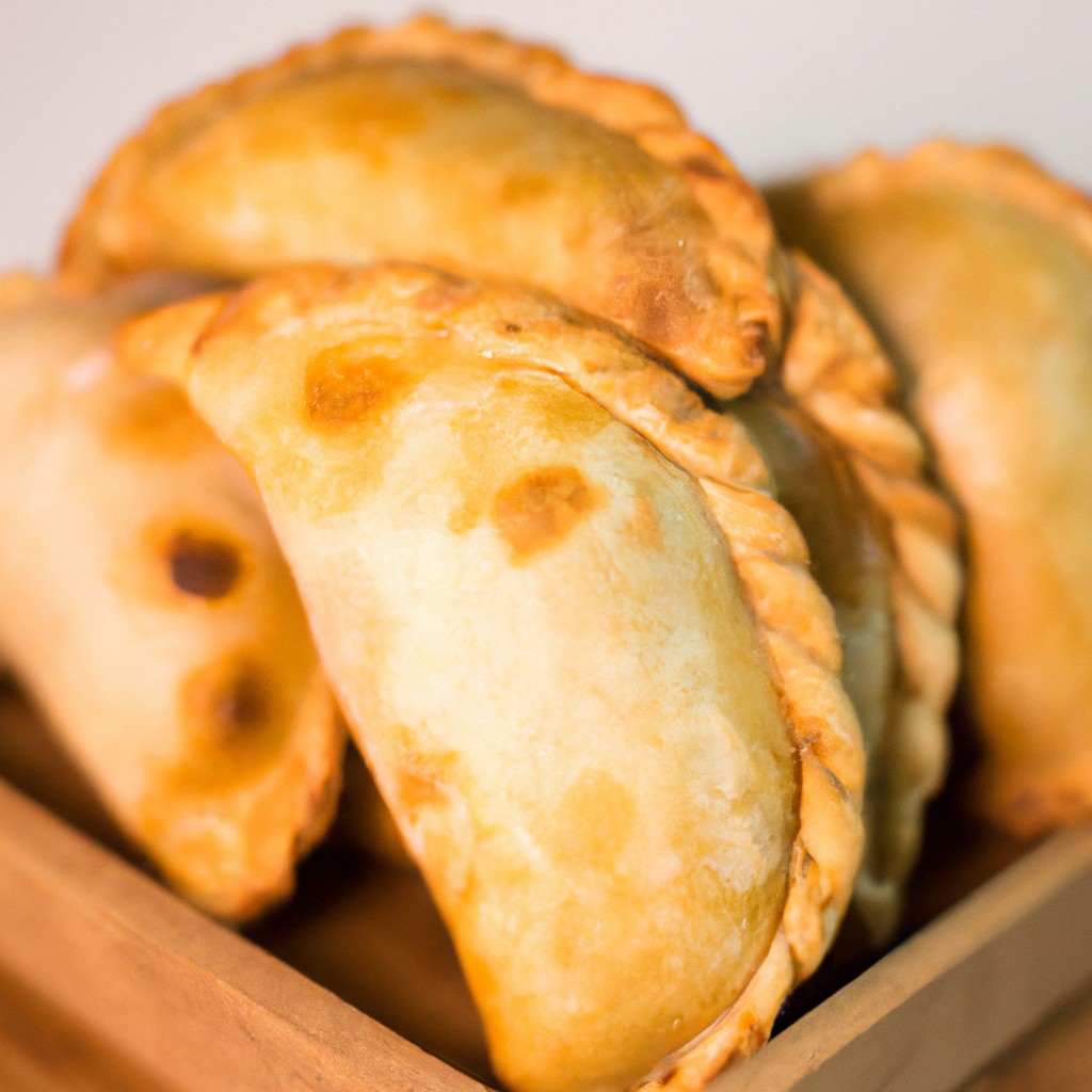 Empanadas Argentinas Na Airfryer 1 Imagem de empanadas argentinas crocantes e douradas cozidas em uma airfryer. As empanadas são recheadas com carne moída, cebola, pimentão, azeitonas e passas, e cobertas com uma crosta escamosa. Elas são servidas em um prato branco com um molho de chimichurri ao lado.