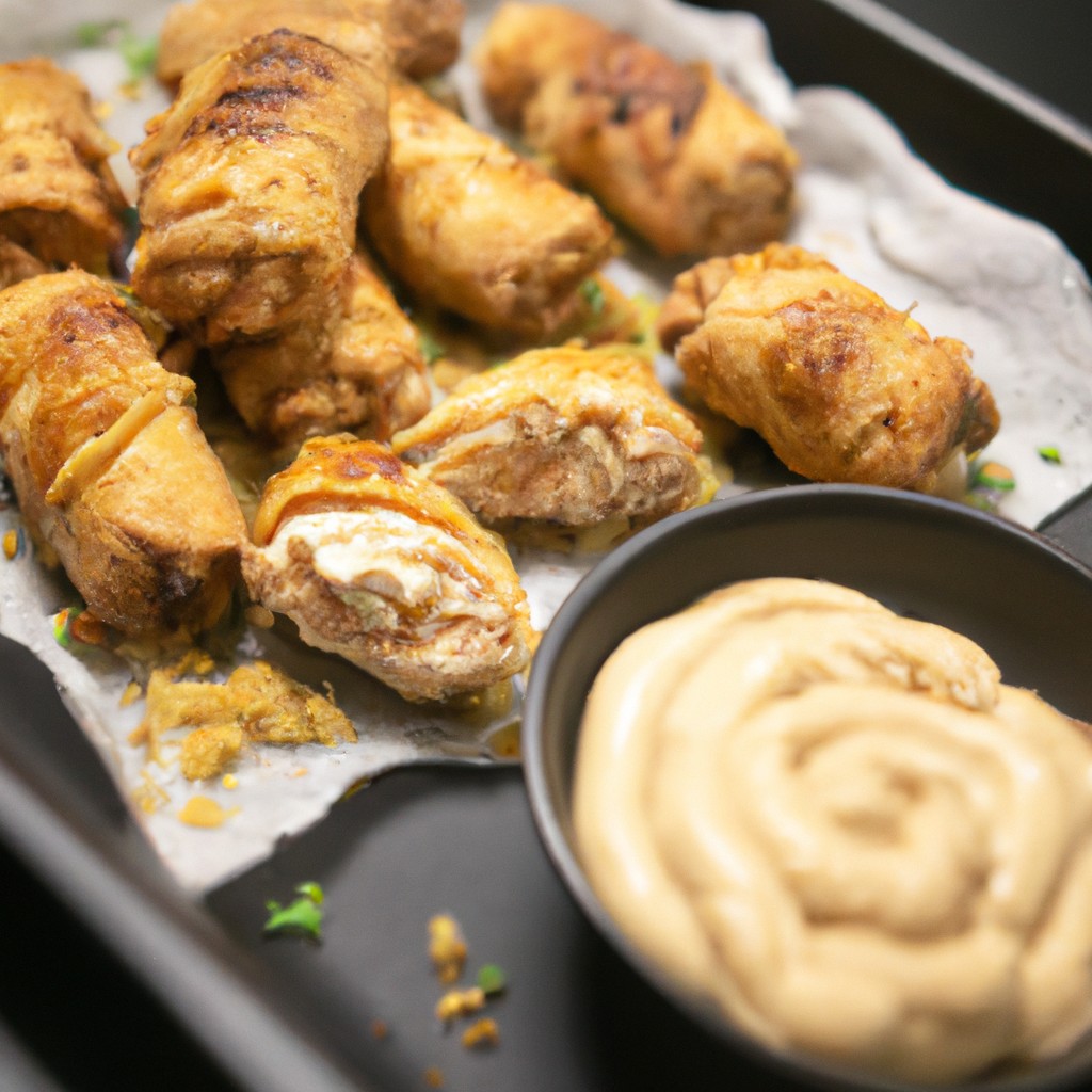 Enroladinhos De Frango Com Requeijão Na Airfryer 1 Imagem de enroladinhos de frango com requeijão preparados na Airfryer. Os enroladinhos são dourados e crocantes, recheados com um cremoso requeijão. Eles são servidos em um prato com uma tigela de molho ao lado.