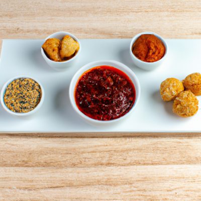 Imagem de uma variedade de molhos de acompanhamento em tigelas pequenas, incluindo ketchup, mostarda, maionese, rancho e molho barbecue, dispostos em uma superfície de madeira.