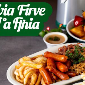 Imagem de uma variedade de pratos festivos preparados em uma Airfryer, incluindo peru assado, presunto glaciado, legumes assados e sobremesas. Esses pratos são perfeitos para as refeições de Natal e Ano Novo.