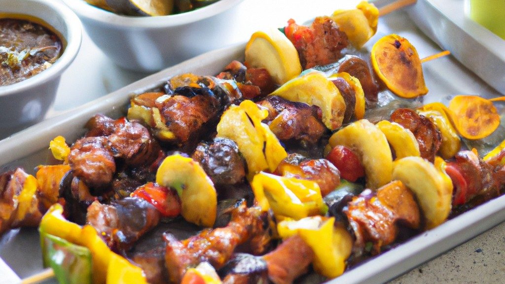 Espetinhos Suínos Na Airfryer 1 Espetinhos suínos dourados e crocantes preparados na airfryer, servidos em paus de bambu. A carne é tenra e suculenta, com uma crosta crocante temperada com ervas e especiarias. O fundo da imagem mostra uma tábua de madeira com espetos adicionais e uma tigela de molho para acompanhamento.