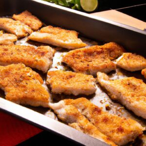 Imagem de filés de peixe empanados e dourados em uma fritadeira Airfryer. Os filés são empilhados em uma cesta de fritura com uma guarnição de limão fatiado e ervas frescas.