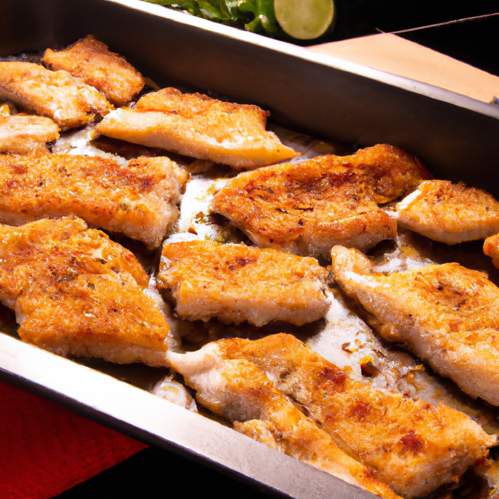 Filé De Peixe À Milanesa / Empanado Na Airfryer 1 Imagem de filés de peixe empanados e dourados em uma fritadeira Airfryer. Os filés são empilhados em uma cesta de fritura com uma guarnição de limão fatiado e ervas frescas.