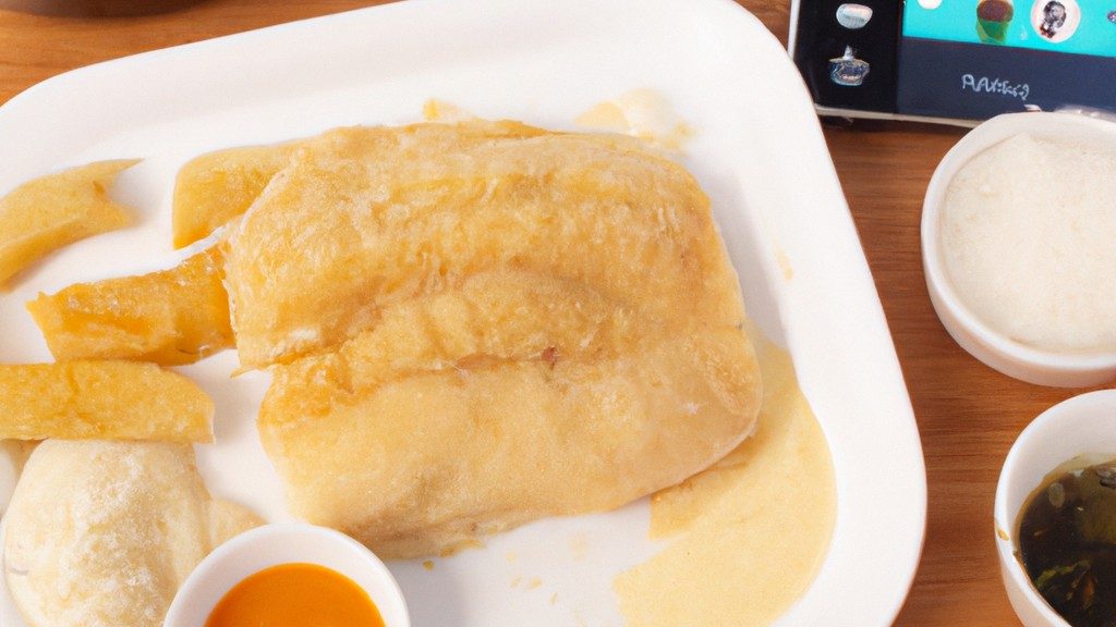 Imagem de filés de tilápia empanados e dourados em uma cesta de airfryer. Eles estão acompanhados de fatias de limão e um molho de ervas ao lado.