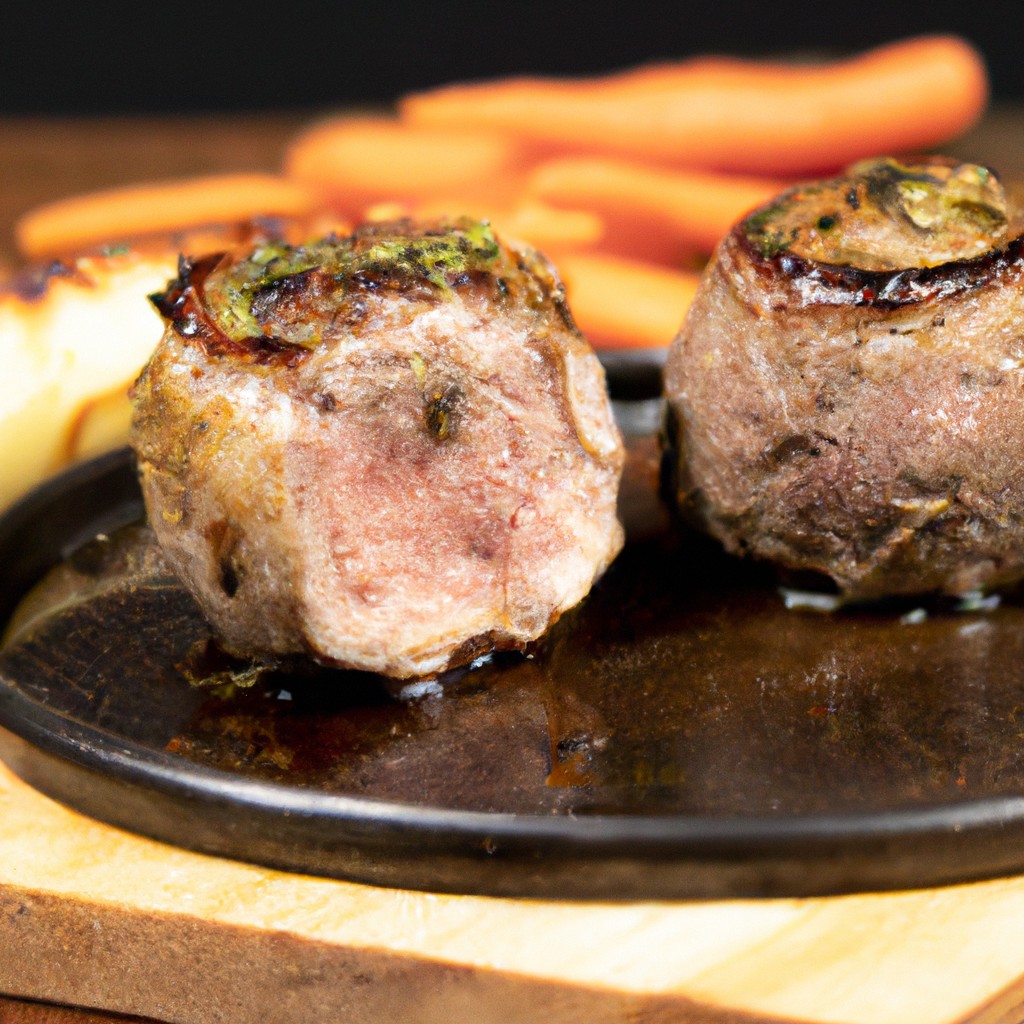 Filé Mignon Ao Molho Madeira Na Airfryer 1 Imagem de um suculento filé mignon grelhado na Airfryer, coberto com um rico molho madeira, servido em um prato branco com aspargos e cenouras assados.