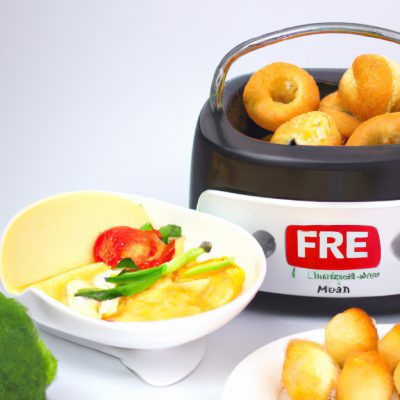 Imagem mostrando uma tigela de fondue de brie derretido e borbulhante em uma Air Fryer. A tigela está cercada por fatias de pão, frutas e vegetais para mergulhar.