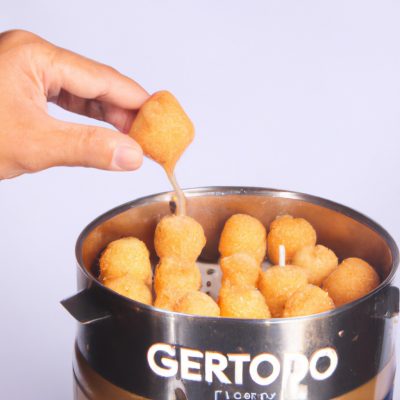 Imagem de uma airfryer com uma panela cheia de fondue de queijo derretido e borbulhante. A panela está rodeada por cubos de pão torrado, vegetais e frutas para mergulhar no fondue.