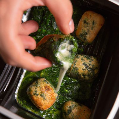 Imagem de uma Airfryer com uma tigela de cerâmica no interior. A tigela contém uma mistura de espinafre, queijo derretido e especiarias.