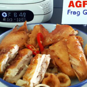 Imagem de uma airfryer cheia de pedaços dourados e crocantes de frango, cobertos com uma crosta crocante e temperados com ervas e especiarias australianas. Os pedaços de frango são cozidos na perfeição, com um interior suculento e macio.
