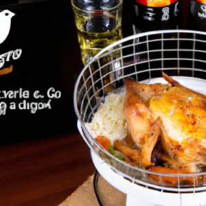 Imagem de uma airfryer com um frango assado dentro. O frango é marrom dourado e tem uma aparência crocante.