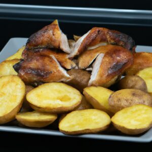 Uma foto de um frango assado inteiro e batatas cozidas em uma Airfryer. O frango tem a pele dourada e crocante, e as batatas estão macias e douradas. A Airfryer é um aparelho de cozinha que usa ar quente para cozinhar alimentos, resultando em alimentos crocantes e dourados com menos óleo do que os métodos tradicionais de fritura.