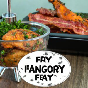 Imagem de um prato com frango assado com bacon e ervas em uma Airfryer. O frango está dourado e crocante, com bacon crocante e ervas aromáticas. O prato está rodeado por batatas fritas douradas e uma salada verde fresca.